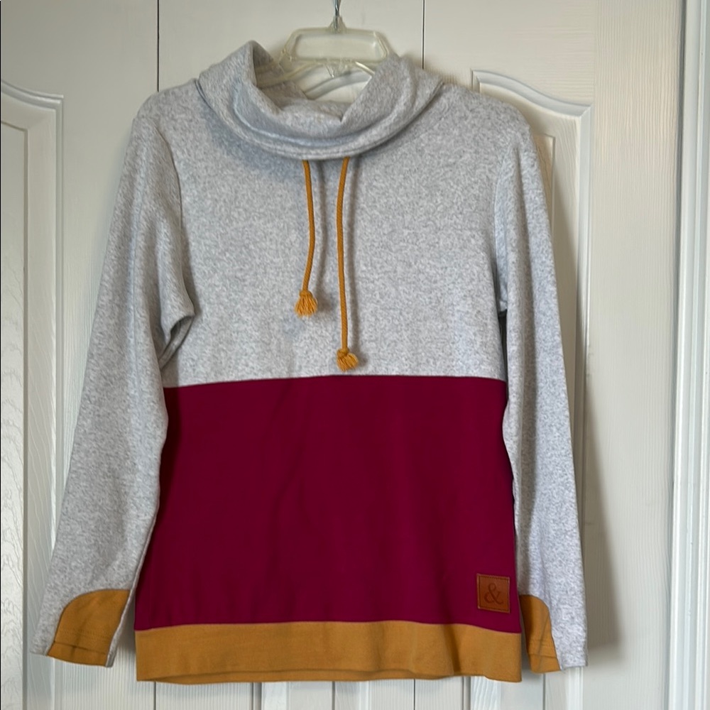 Colorblock Cowl Neck Sweater - Gray, Red, and Tan